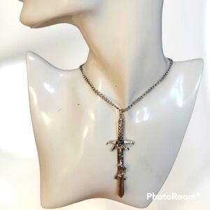 JPI Y2k Goth Grunge Rose Thorn Pewter Sword Pendant Necklace